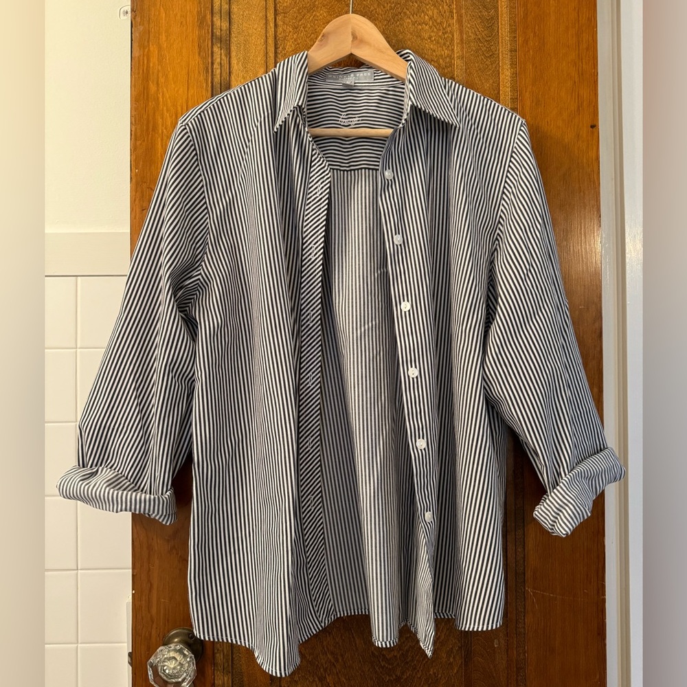 Foxcroft Wrinkle Free Striped Button Up, Black Stripe, Size 14